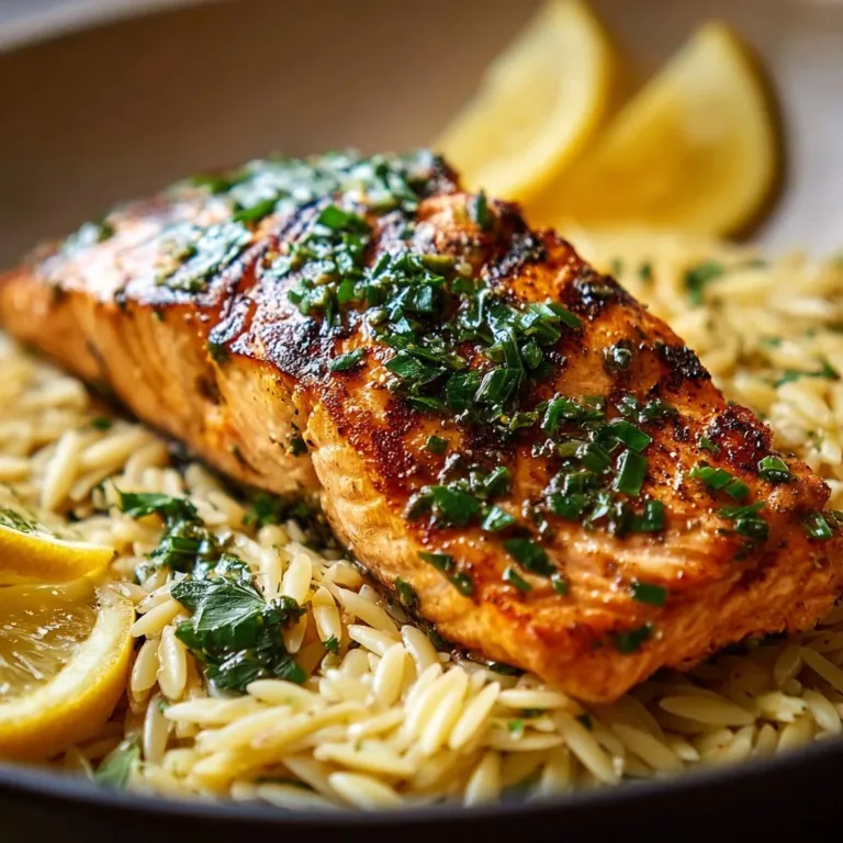Lemon Orzo Skillet Salmon served with fresh herbs