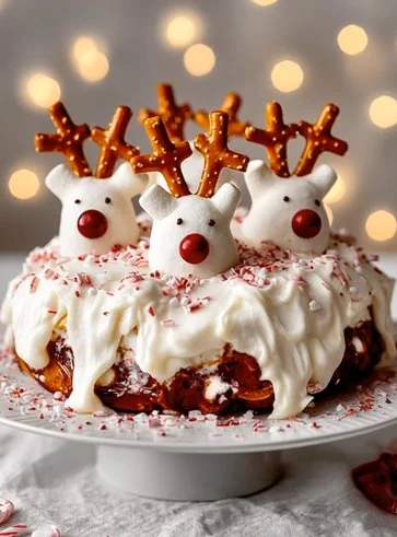 Marshmallow Reindeer Christmas Cake decorated for festive celebrations