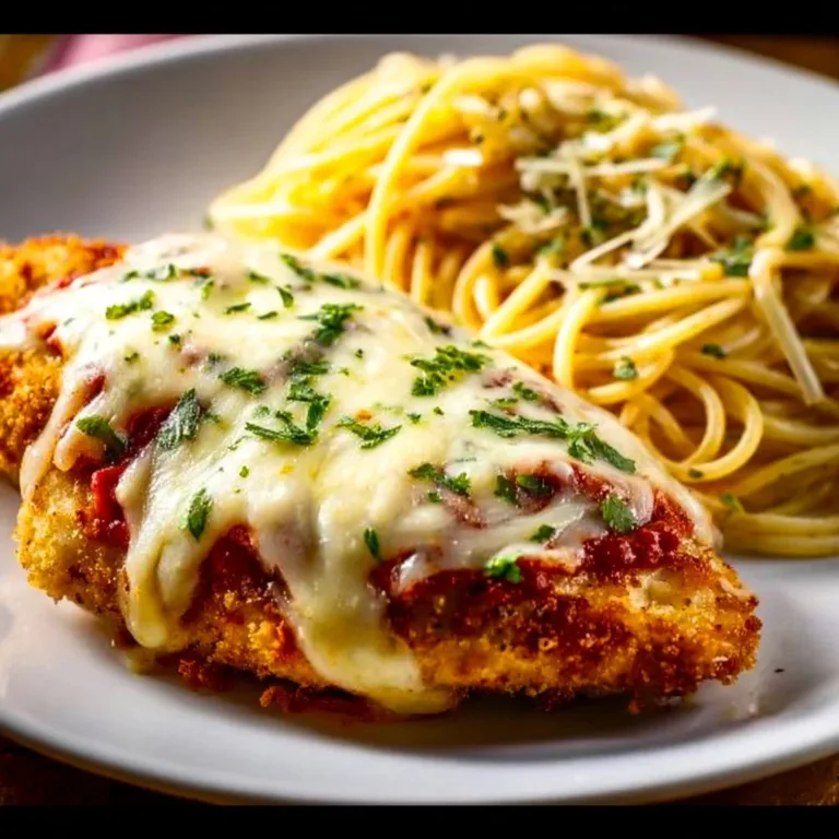 Oven baked chicken parmesan with melted cheese and marinara sauce