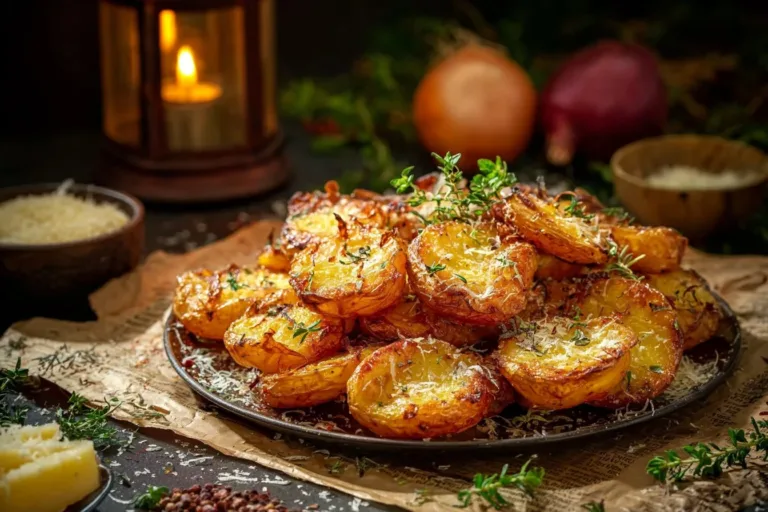 Bowl of Parmesan Herb Roasted Potatoes garnished with fresh herbs.