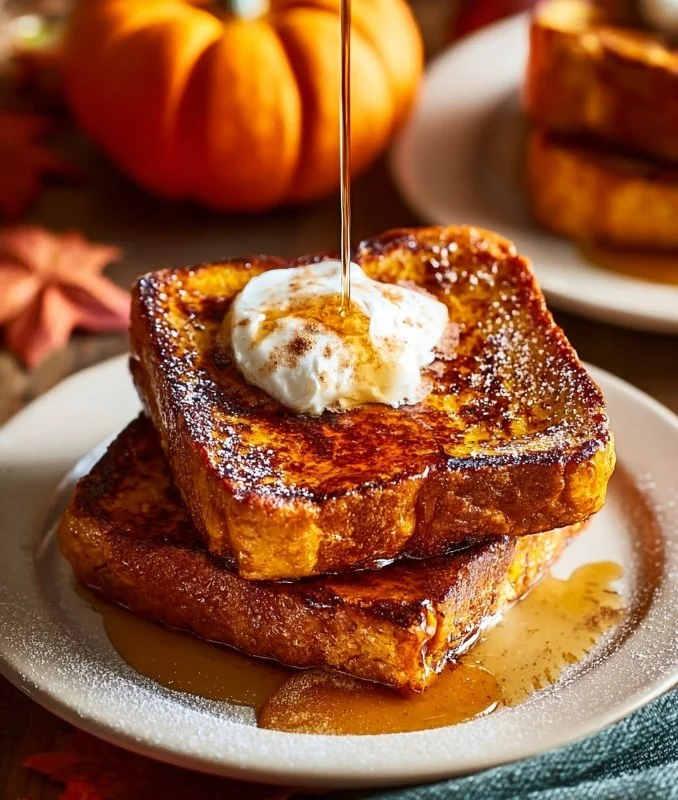 Delicious Pumpkin French Toast topped with syrup and whipped cream