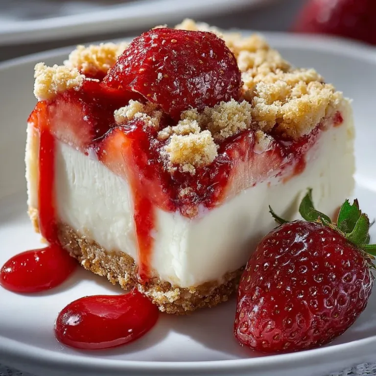 Delicious Strawberry Crunch Cheesecake Chunks, featuring creamy topping and crunchy layers.