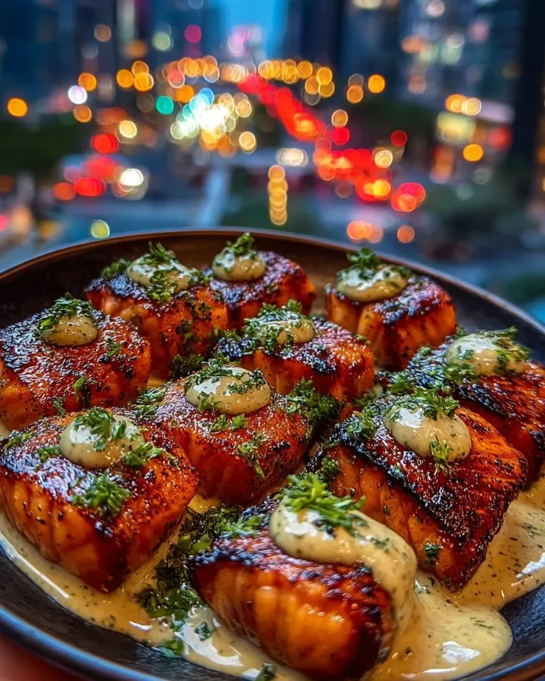 Sweet maple salmon bites served with creamy Dijon drizzle on a plate