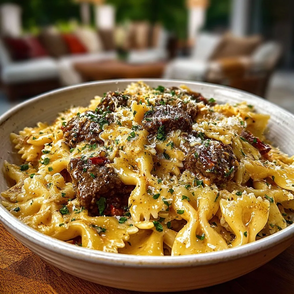 Creamy Parmesan Garlic Beef Bowtie Pasta