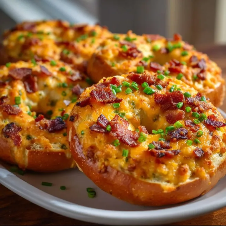 Freshly baked Bacon Cheddar Bagels topped with crispy bacon and melted cheese