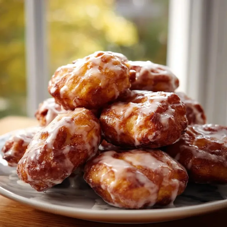 Baked apple fritters topped with a sweet glaze, served on a wooden table