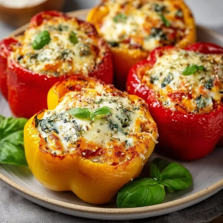 Baked ricotta stuffed peppers arranged on a plate, garnished with herbs