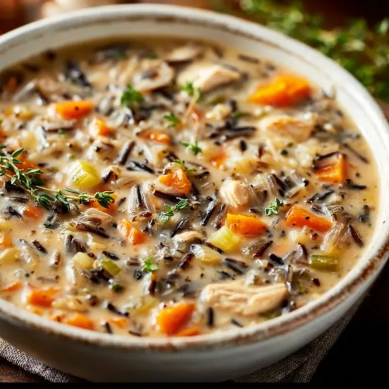 Delicious bowl of the best wild rice soup garnished with herbs and vegetables