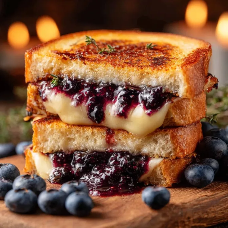 Blueberry Brie Grilled Cheese sandwich with melted cheese and fresh blueberries