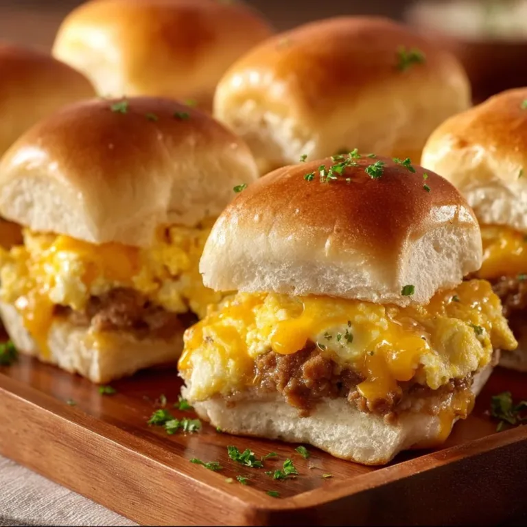 Breakfast sliders with eggs and cheese on a platter.