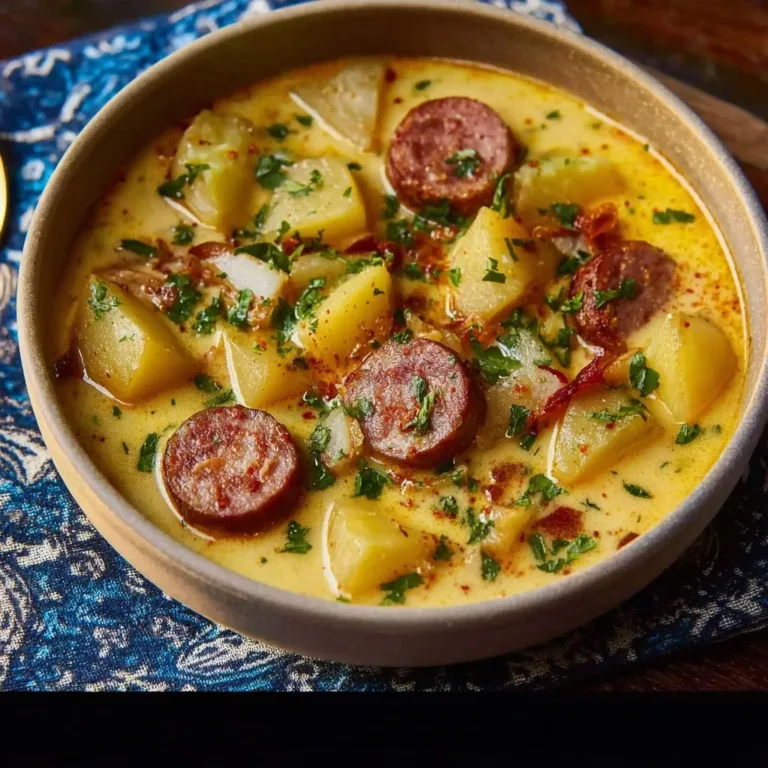 Bowl of creamy Cajun Potato Soup garnished with herbs and spices