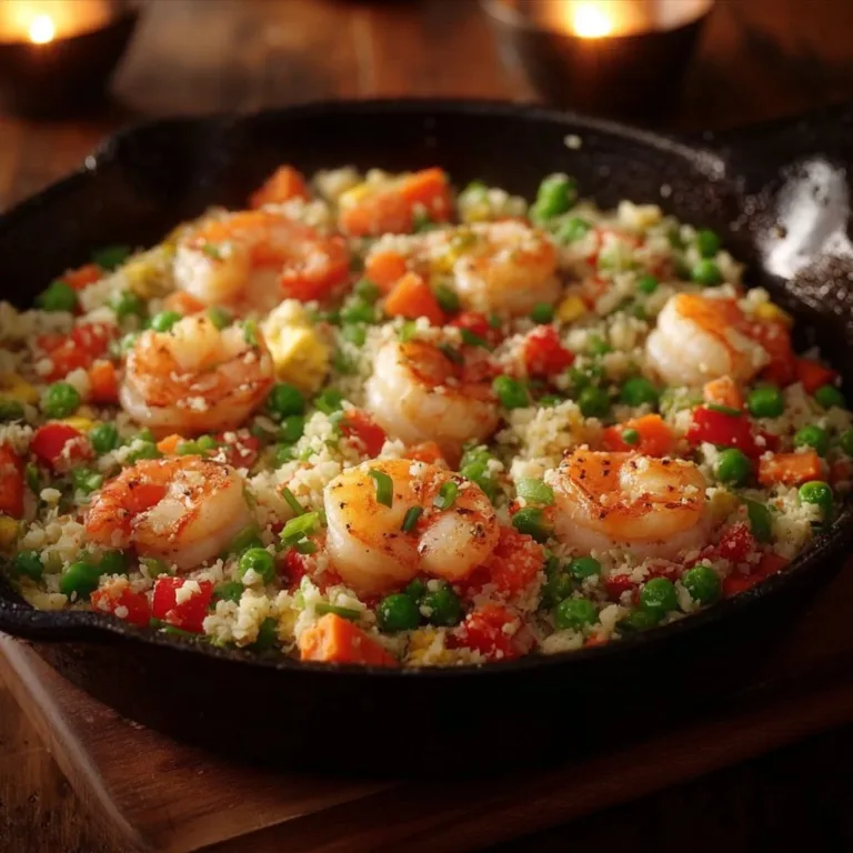Cauliflower fried rice with shrimp served in a bowl, garnished with green onions.