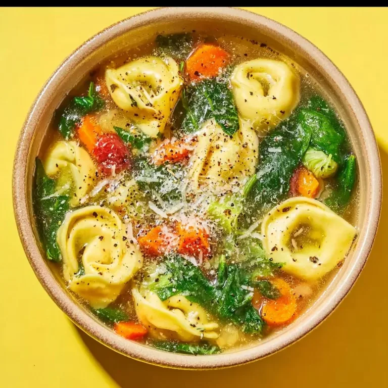 Delicious bowl of Chicken Tortellini Soup with fresh herbs and vegetables