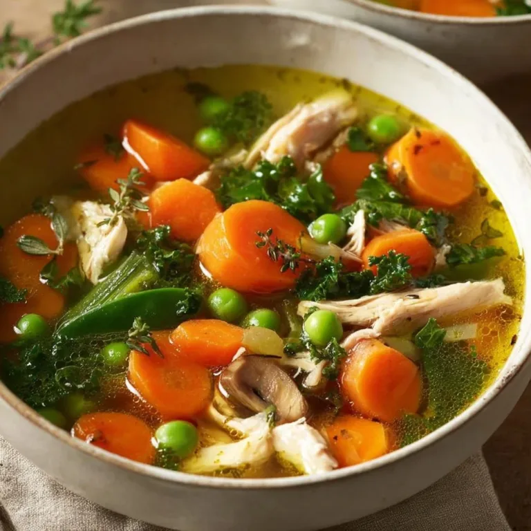 Bowl of Chicken & Vegetable Healing Soup with fresh herbs