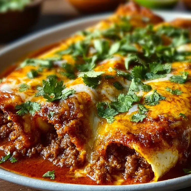 Delicious classic cheesy beef enchiladas topped with red sauce and cheese