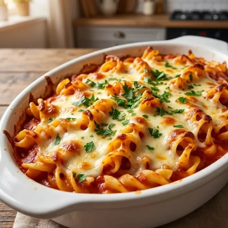 Cottage cheese pasta bake topped with cheese and herbs in a baking dish