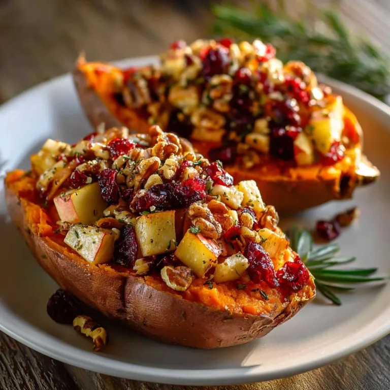 Cranberry Apple Twice-Baked Sweet Potatoes topped with apple slices and cranberries