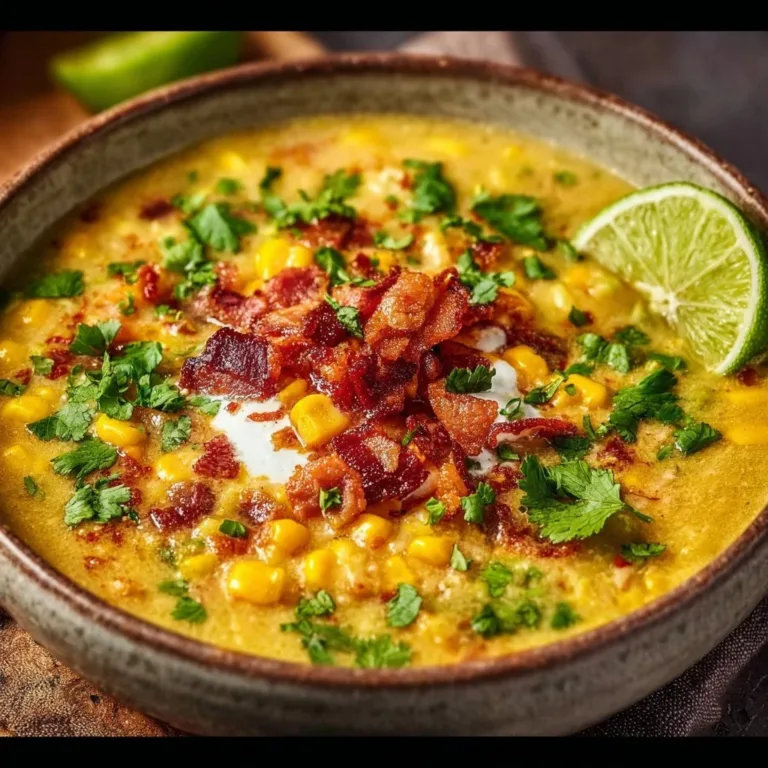Bowl of creamy Mexican street corn soup topped with herbs and corn.