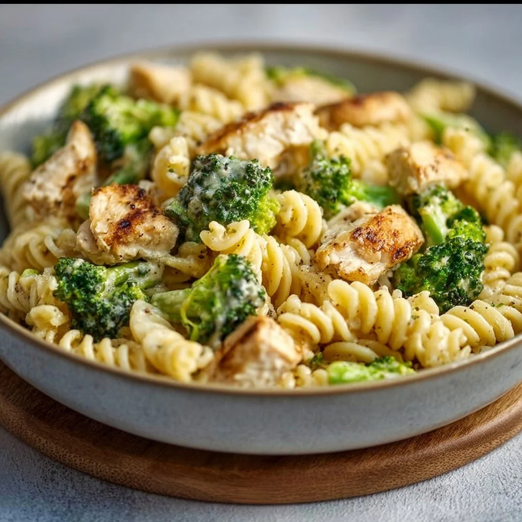 Creamy Rotisserie Chicken Broccoli Pasta 6 Creamy rotisserie chicken broccoli pasta dish served with parmesan cheese