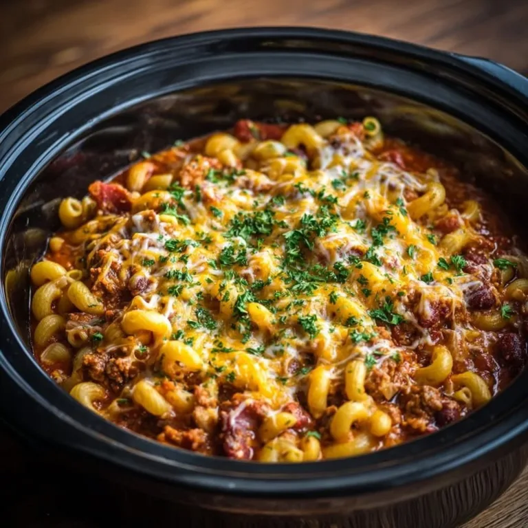 Delicious bowl of Crockpot Chili Mac and Cheese topped with cheese and herbs