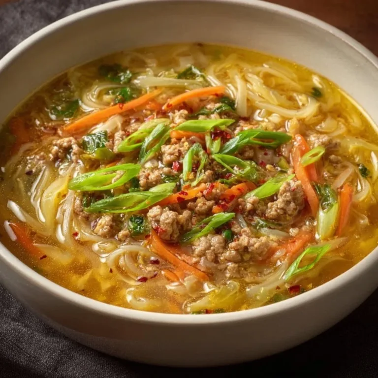 Delicious bowl of Egg Roll Soup with fresh vegetables and savory broth