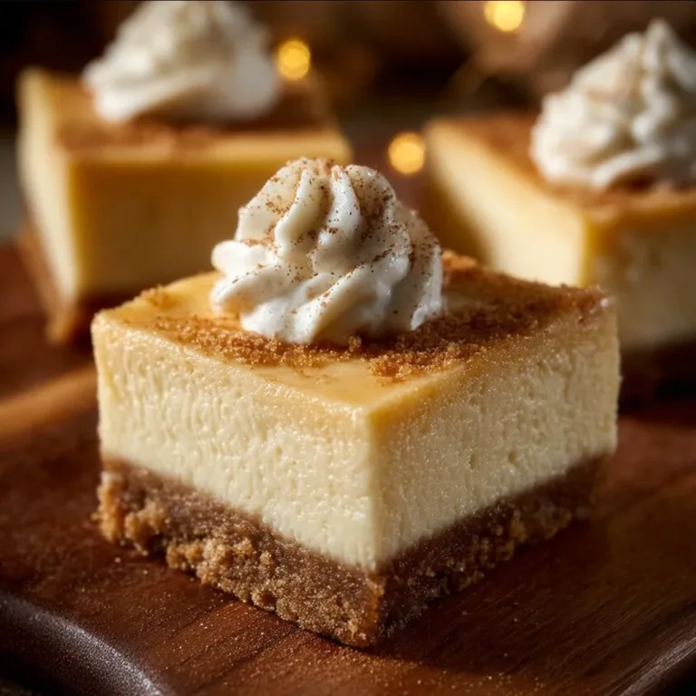 Delicious Eggnog Cheesecake Bars topped with whipped cream and nutmeg