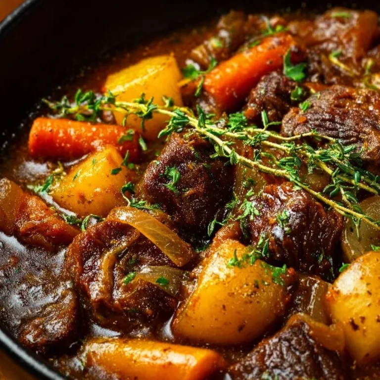 Delicious bowl of French Onion Beef Stew garnished with herbs and cheese