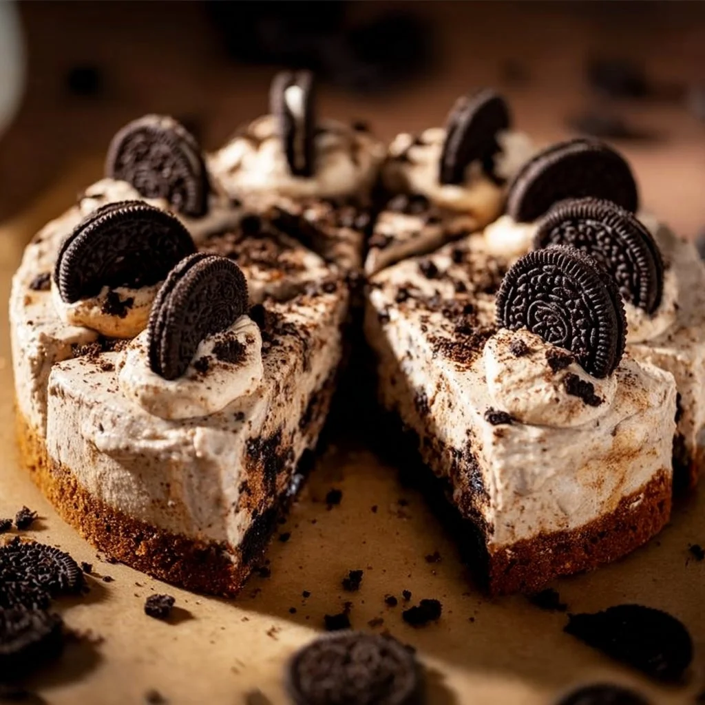 Gooey Oreo Cookie Cake topped with crushed Oreos and chocolate frosting.