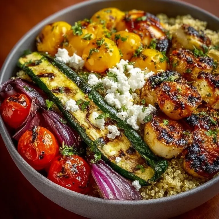 Healthy Grilled Mediterranean Bowl with colorful ingredients and fresh herbs.