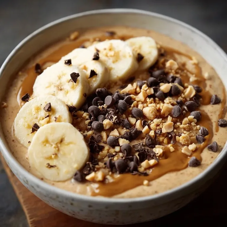 Delicious high-protein peanut butter chocolate bowl topped with nuts and seeds.
