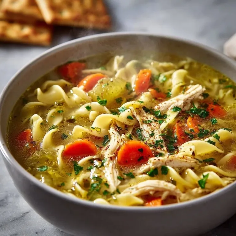 Bowl of homemade chicken noodle soup with fresh herbs and vegetables