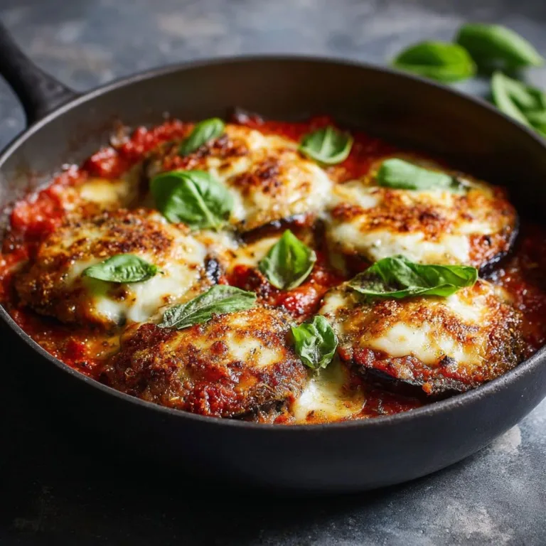 Delicious homemade Eggplant Parmigiana topped with cheese and herbs