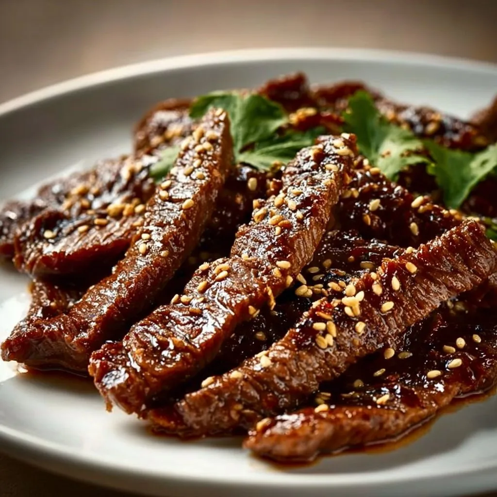 Teriyaki Marinated Beef Strips with Sesame Seeds