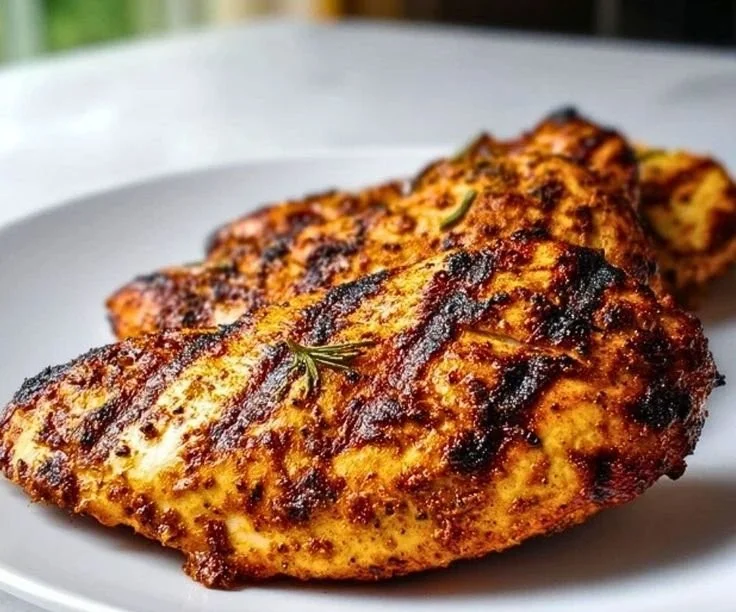 Juicy grilled chicken served with fresh vegetables and herbs
