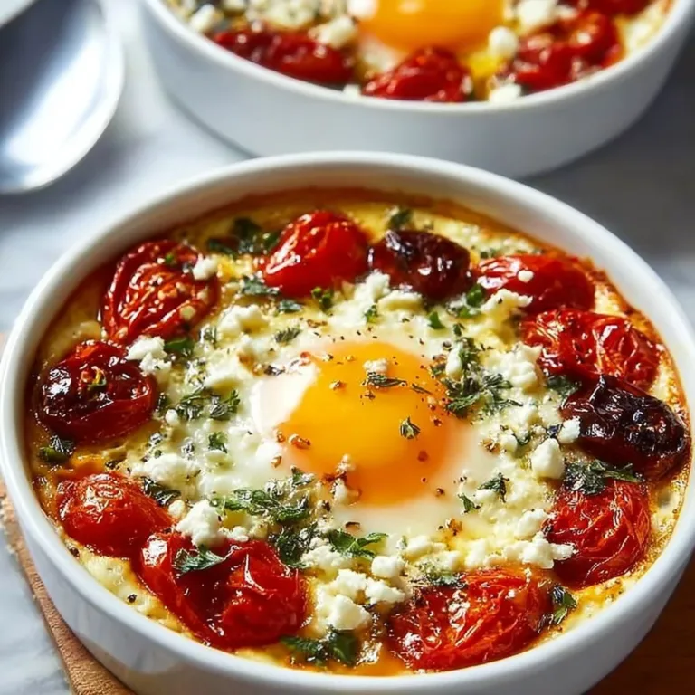 Plate of Mediterranean baked feta eggs topped with herbs and tomatoes.