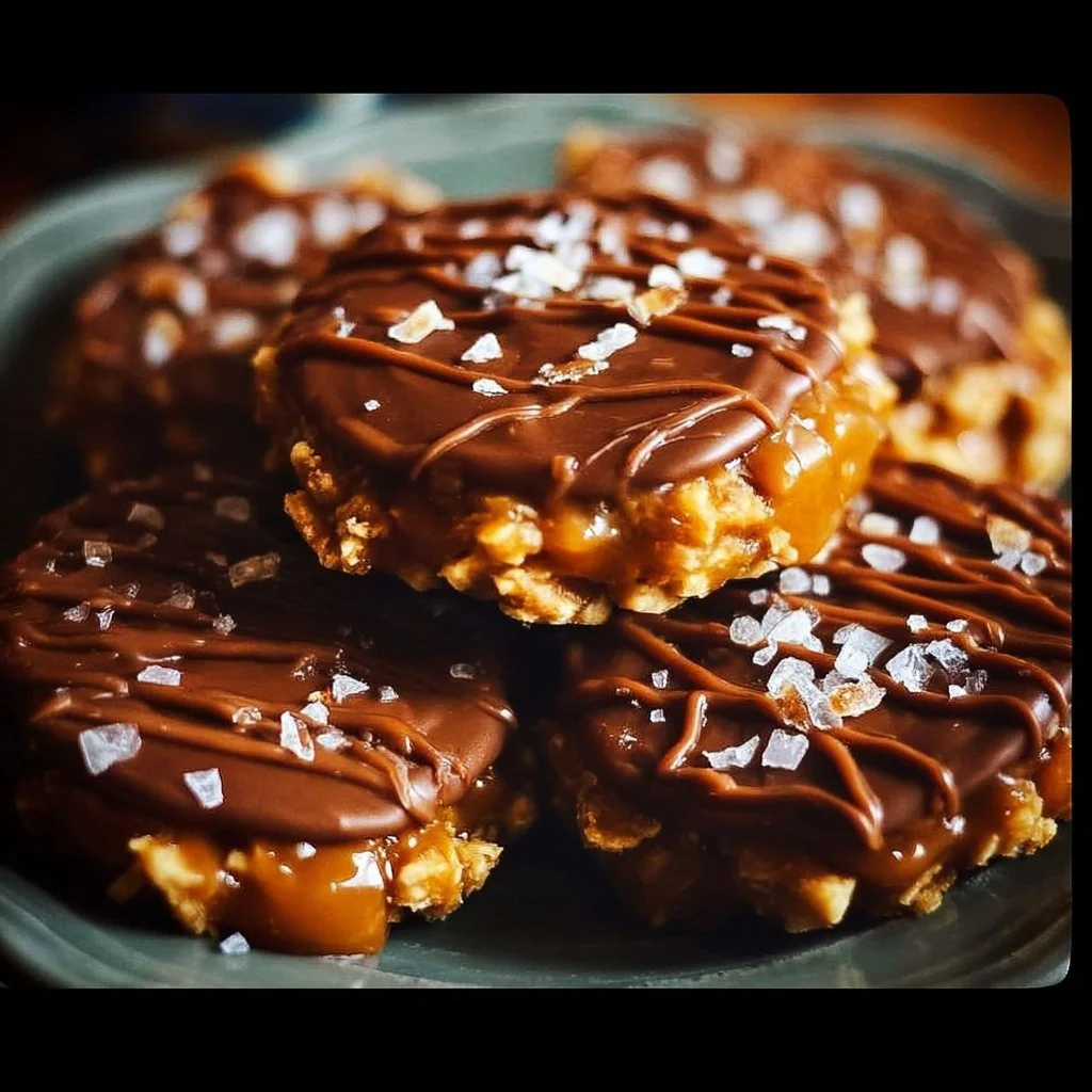 No bake salted caramel cookies topped with sea salt and drizzled with caramel.