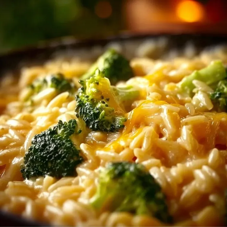 One-Pot Broccoli Cheddar Orzo in a bowl garnished with fresh broccoli