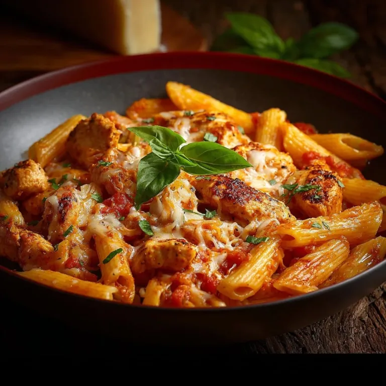 One-pot chicken parmesan pasta served in a bowl with cheese and herbs