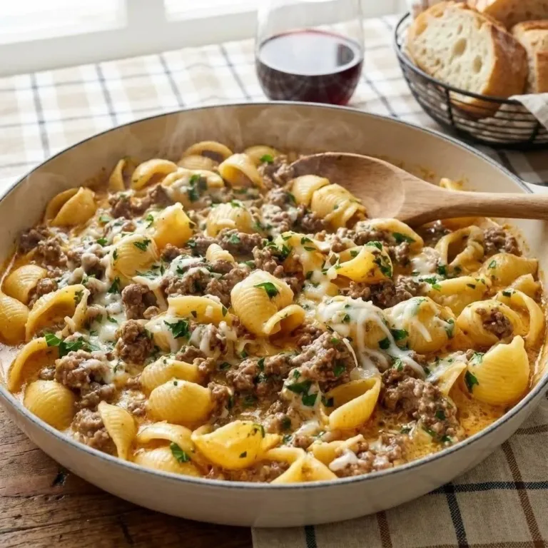 Creamy beef shells dish in a pot, showcasing a hearty one-pot meal.