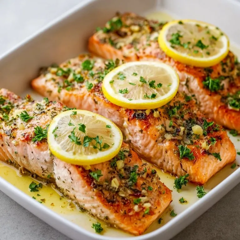 Oven-baked lemon garlic salmon served with fresh herbs and lemon slices