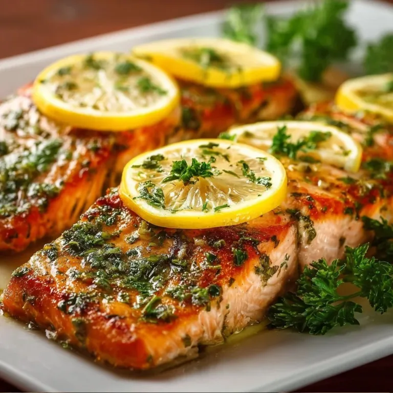 Oven-baked salmon fillet with lemon garnished with herbs