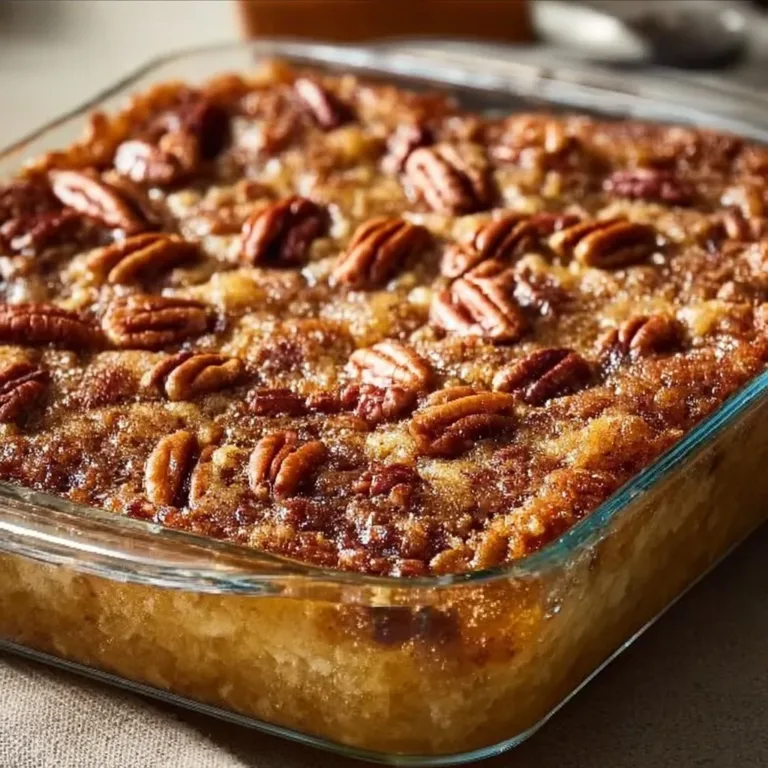 Delicious Pecan Pie Dump Cake topped with pecans and caramel
