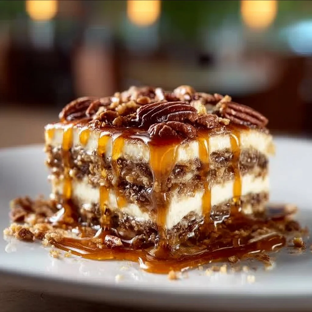 Delicious pecan pie lasagna layered with creamy filling and pecans.
