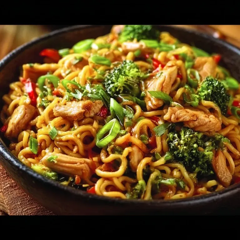 Bowl of perfect chicken ramen stir fry with colorful vegetables and tender chicken.
