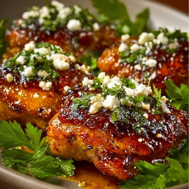 Plate of hot honey feta chicken garnished with herbs and served with sides.