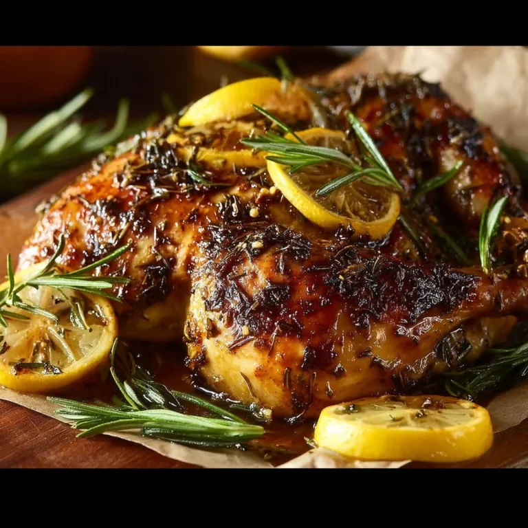Perfect Rosemary Lemon Split Roast Chicken served with fresh herbs and lemon slices.