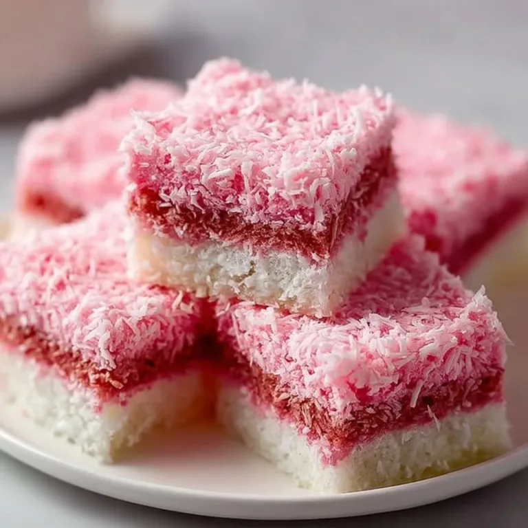 Pink Coconut Snowball Cake Bars with a fluffy coconut topping