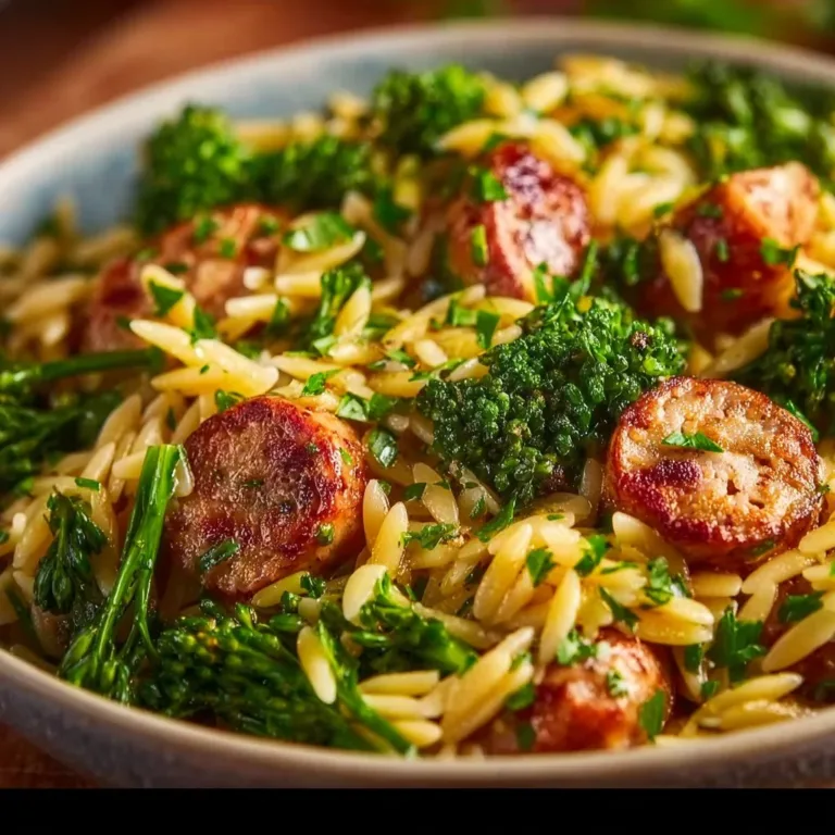 Delicious quick chicken sausage orzo served in a bowl