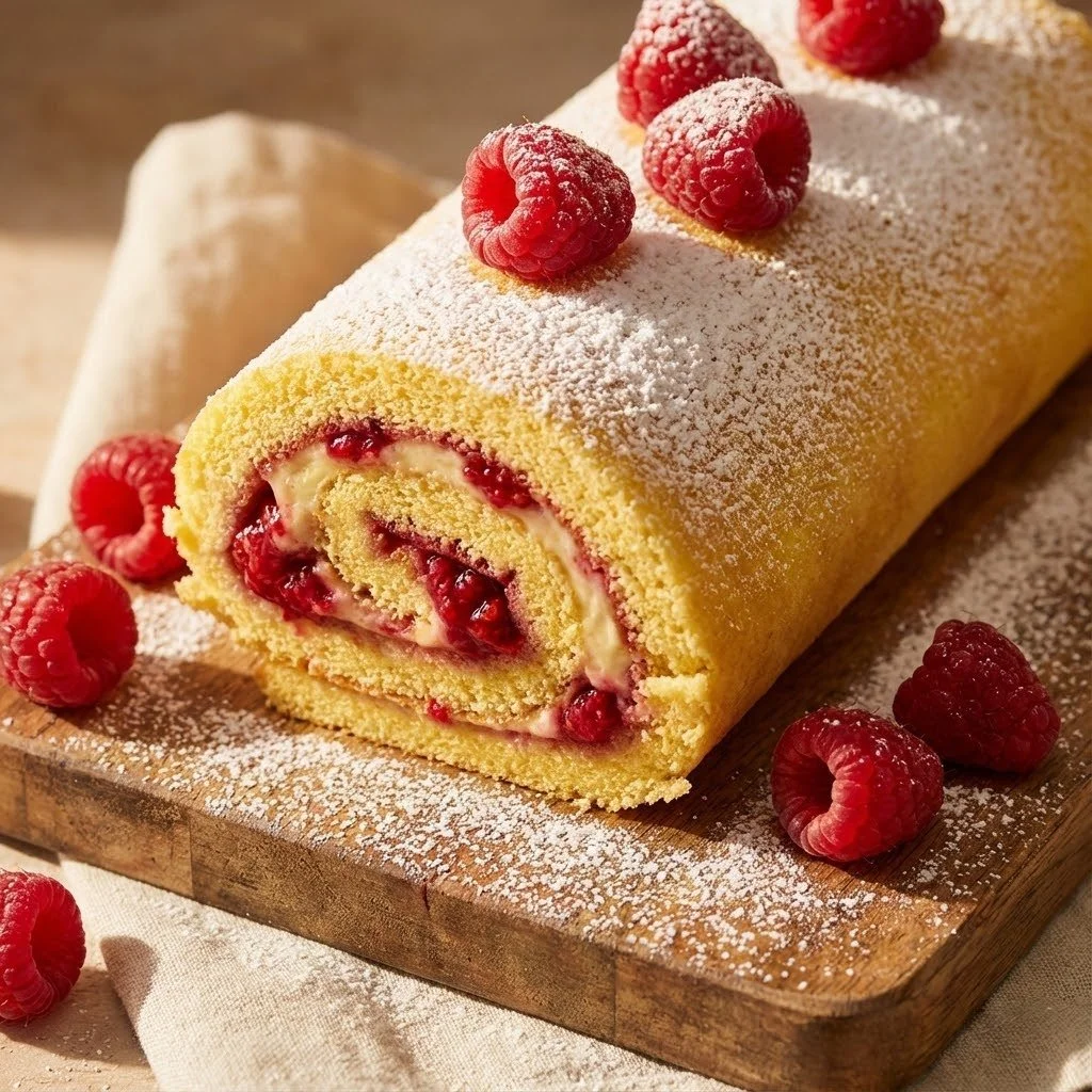 Raspberry Swirl Christmas Roll with red and green festive decorations