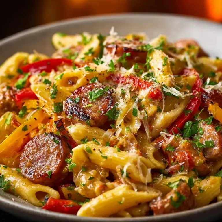 Delicious bowl of smoked sausage pasta garnished with herbs